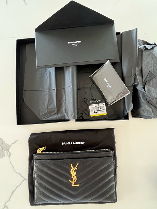 Saint Laurent Handbags - Saint Laurent Cassandre Zip Pouch Clutch Black Grain De Poudre Leather Gold YSL
